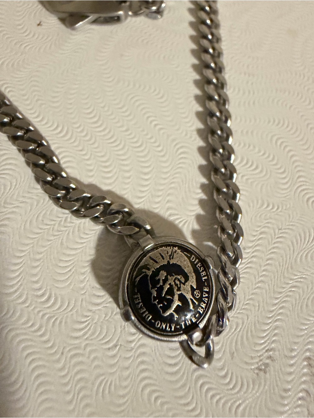 Diesel Silver Coin Medallion Chain Necklace